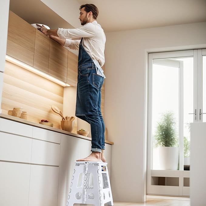 ACKO Folding Step Stool Foldable 16 Inch 400 lbs Capacity, Plastic Stools for Adults and Kids, Collapsible Stools for Kitchen, Stepping Stool with Handle (White)