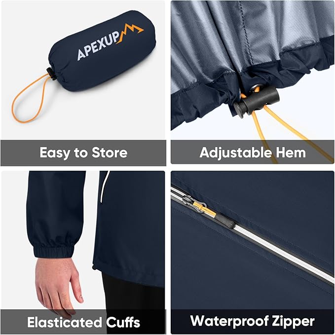 APEXUP Packable Rain Jacket Men with Reflective Zipper, Lightweight Waterproof Raincoat, Mens Rain Jacket for Outdoor Sports