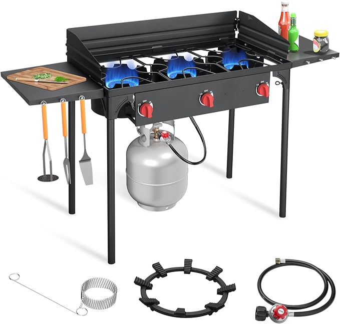 SKOK 3 Burners Portable Propane Stove with Side Shelves & Wind Panel, Camping Stove with 225,000 High Efficiency Propane Burner, Outdoor Stove for Camping, Backyard, Picnic