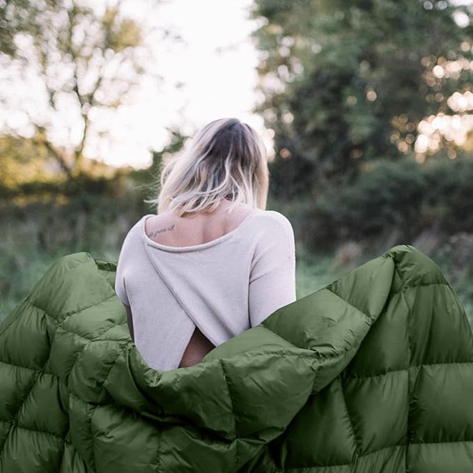 zzlamb Puffy Down Camping Blanket Water-Repellent, Down Throw Travel Blanket Portable for Outdoor, Light Warm Quilt for Couch Plane Car Theater Stadium Picnic RV Backpacking Hammock