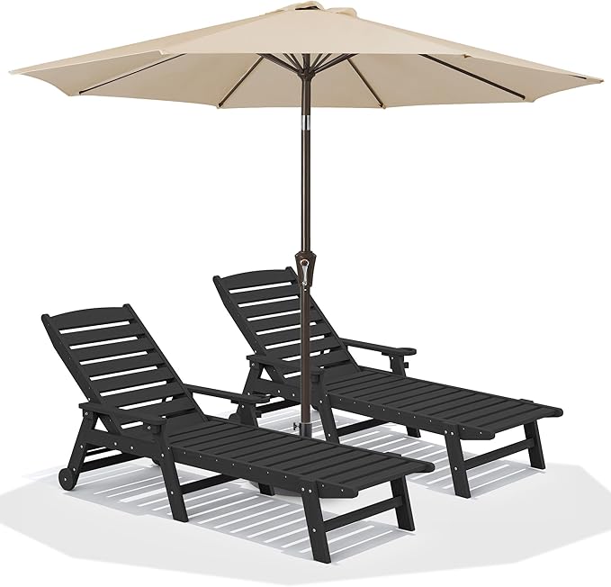 SERWALL Patio Chaise Lounge Chair Set of 2 with 9FT Patio Umbrella, 78'' HDPE Outdoor Lounger 5 Positions Adjustable, Poly Lounge Chair with Rolling Wheels & Cup Holder for Pool,Obsidian Black