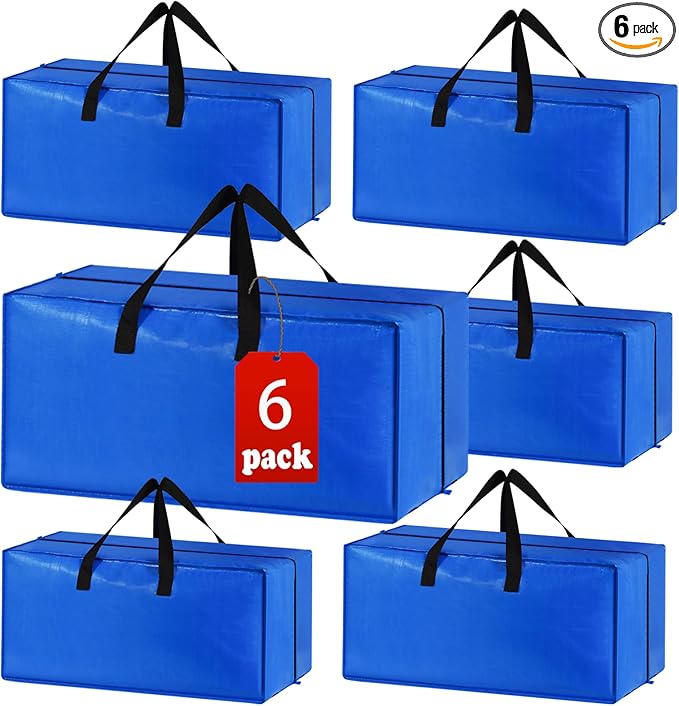 6 Pack Heavy Duty Extra Large Moving Bags Storage Tote - Strong Handles& Backpack Straps - Space Saving Storage Bags Alternative to Moving Boxes and Bins,Compatible with Ikea Frakta Cart, Blue