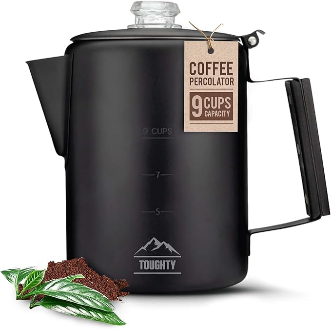 Toughty Yosemite Percolator Coffee Pot – Classic Coffee Percolator Stovetop for Camping & Home – Durable Stainless Steel - Gas, Electric & Induction Stoves – Old-Fashioned Cowboy-Style Pot – 9 Cups