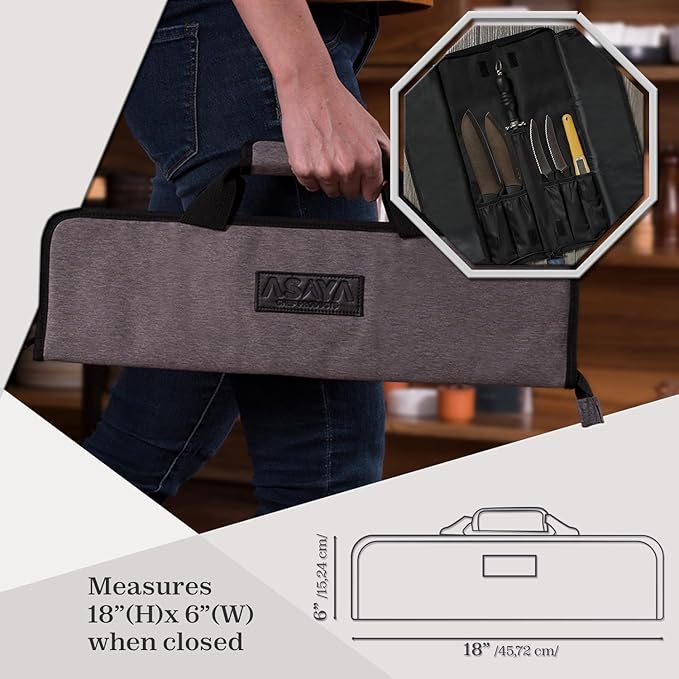 Asaya Chef Knife Roll Bag - 12 Pockets for Knives and Kitchen Utensils - Lightweight, Durable, and Stain Resistant Nylon - Perfect for the Traveling Chef - Knives not Included
