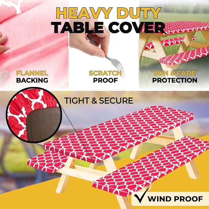 RNOONY 8ft Vinyl Picnic Table Cover with Bench Covers,3PCS Tablecloth with Moroccan Design, Camping Tablecloth and Travel Accessories, Flannel Backing with Elastic Edges,96x30 Inches (Red Moroccan)