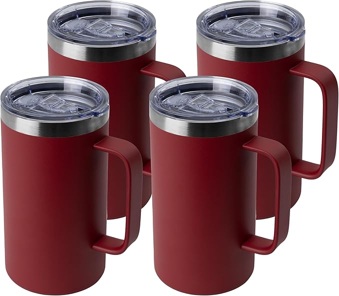 DOMICARE 24oz Mug with Handle and Lid, Stainless Steel Coffee Mug, Travel Mug with Handle, Double Wall Vacuum Coffee Tumbler, Reusable Insulated Cup, Dark Red, Pack 4