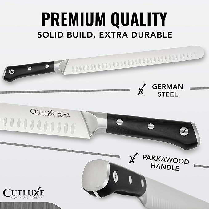 Cutluxe Slicing Carving Knife – 12" Brisket Knife, Meat Cutting and BBQ Knife – Razor Sharp German Steel, Sheath Included, Full Tang, Ergonomic Handle Design – Artisan Series