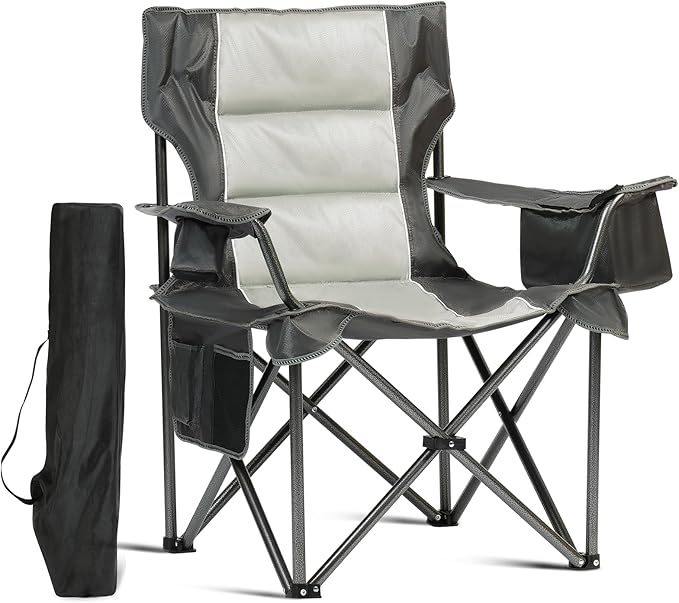 Oversized Folding Camping Chair for Adults, Supports 500 LBS Camping Chairs, Outdoor Lawn Chairs for Adults, Portable Chairs for Camping, Beach, Fishing, Hiking, Gray