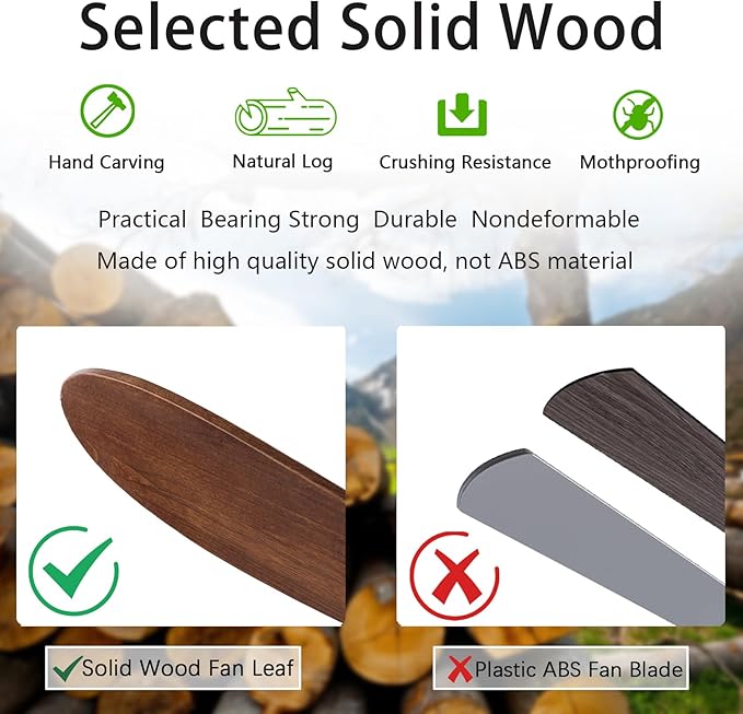 52" Wood Ceiling Fans with Lights and Remote Control,Indoor Outdoor 3 Blades Wooden Ceiling Fan for Garage,Patio,Living Rooms,Bedrooms,Offices,Farmhouse(Black+Dark Walnut)