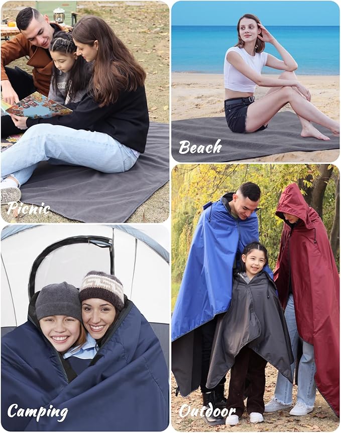 DUKUSEEK Hooded Stadium Blanket, Waterproof Windproof Outdoor Fleece Blanket - Large (79x56), Portable, Wearable, Warm for Outdoor Camping, Picnic, Stadium, Sports, Beach, Concerts, Car, Dogs…