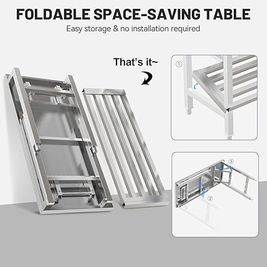 Folding Stainless Steel Table with Adjustable Table Corners and Lower Removable Shelf 20X45 Inches for Outdoor Camping, Maintenance Room, Storage, Kitchen (with undershelf)