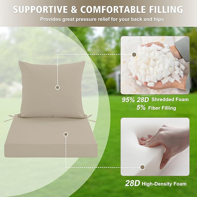 Outdoor Chair Cushions, Waterproof Outdoor Cushions for Patio Furniture w/Fade-Resistant, Removable & Machine-Washable Covers, 19x19 Inch, Ideal for Seat in Gardens/Porch – Set of 4, Cream