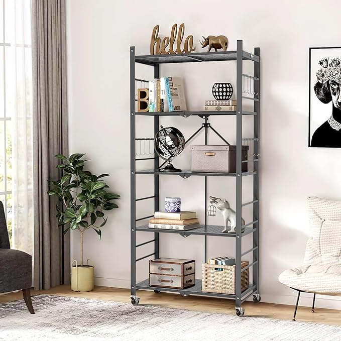Himix Storage Shelves with 20 Hooks, 5-Tier Foldable Shelves for Storage, Folding Shelf Unit Pantry Shelves Bookshelf with Wheels, Vendor Display Racks for Craft Shows, Home, Grey - No Assembly