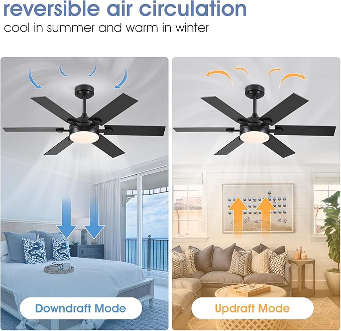 52" Black Ceiling Fans with Lights and Remote, Indoor Ceiling Fans with Quiet DC Motor, Dimmable 6 Speeds Reversible,Modern LED Ceiling Fan for Bedroom Kitchen