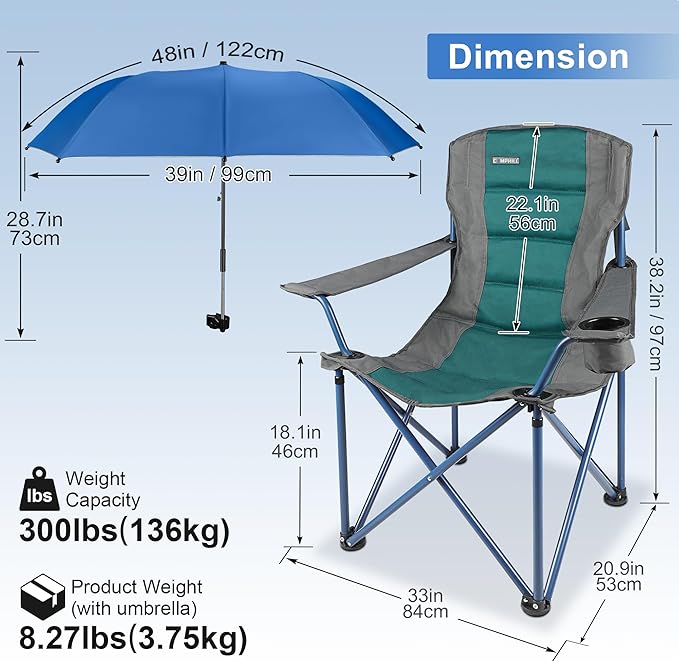 2 Pack Camping Chairs with Adjustable Umbrella-Folding Lawn Chair with American Flag Backrest-Heavy Duty Padded Camping Chair for Beach,Dark Green