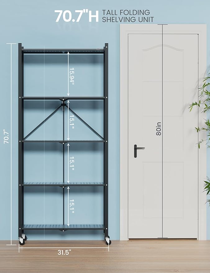 ALANNG 70.7" H Metal Storage Shelves, 5 Tier Folding Shelf on Wheels, Heavy Duty, No Assembly, Rolling, Collapsible Rack Unit for Kitchen, Basement, Pantry (Black,1 Pack)