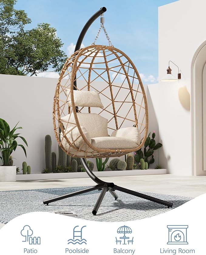 SWITTE Egg Swing Chair with Stand, Outdoor Patio Hanging Egg Chair, Indoor Hammock Chair with Cushion for Garden Backyard, 350LBS Capacity-Beige