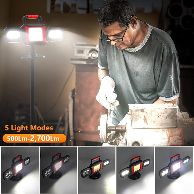 SYLSTAR Rechargeable Work Light, 25W 2700LM COB LED Magnetic Work Light with Battery, Rotatable Portable Waterproof Cordless Job Site Lighting for Construction Site, Garage, Workshop, Car Repairing