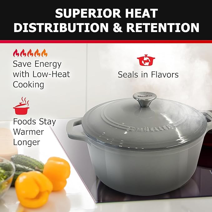 MÜELLERHOME 7.5 QT Enameled Cast Iron Dutch Oven, Heavy-Duty, Oven-Safe up to 500° F & Across All Cooktops, Casserole Dish and Braiser Pan with Lid and Stainless Knob, Grey