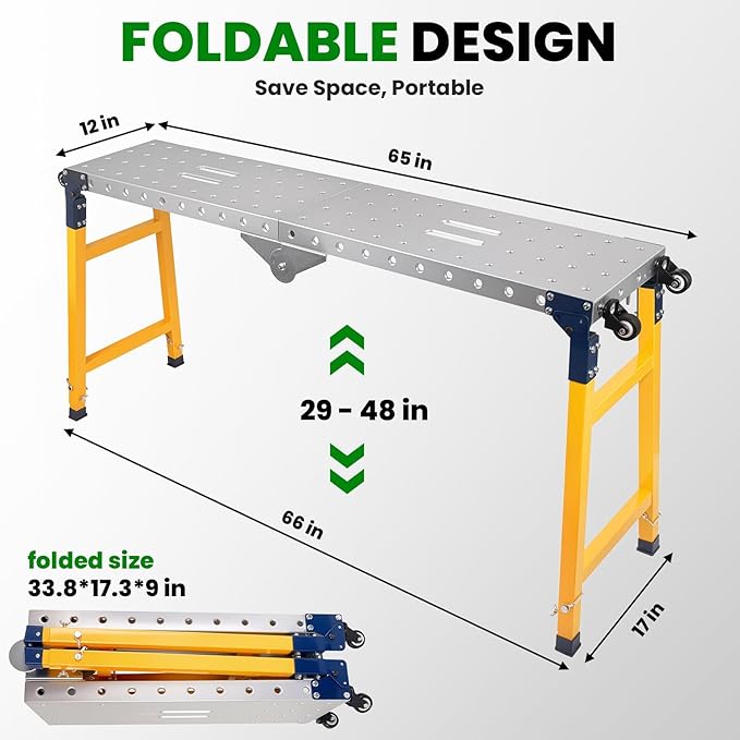 65"x12" Heavy Duty Welding Table with 5-Level Adjustable Height 29-48in, Thick Carbon Steel 1500LB Portable Welding Table, Foldable Workbench with 4 360°Casters for Garage Workshop & Construction