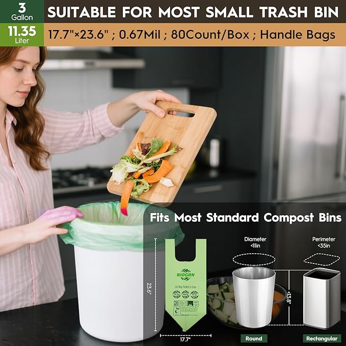 2.6-3 Gallon Compostable Trash Bags with Handles 80 Count 0.67 Mil 11.36 L Small Kitchen Food Scrap Waste Compost Bag ASTM D6400 US BPI and OK Compost Home Certified