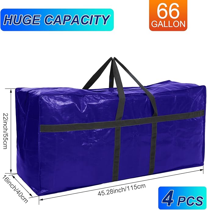 4 Pcs 66 Gallon Large Moving Bags with Zipper and Handles Foldable Storage Duffle Bags Heavy Duty Extra Large Totes for College Dorm Travel Clothes Blankets Bedding Moving (Navy Blue)