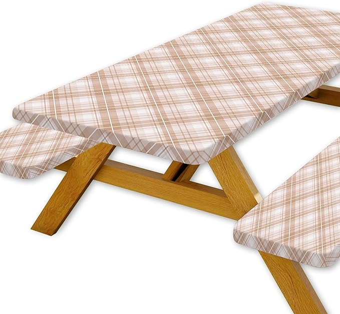 DYNH 3 Pcs Picnic Table Cover with Bench Covers, Waterproof Reusable Elastic Fitted Rectangle Picnic Table Cloths,30x60IN Beige Plaid Picnic Tablecloth for Camping Patio Travel Outdoor