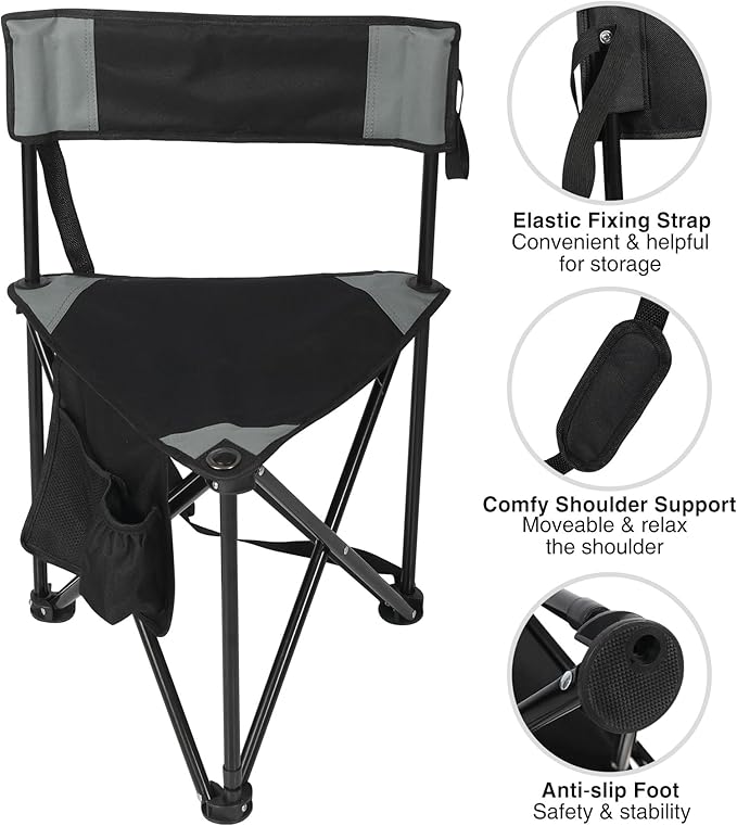 REDCAMP 2 Pack Tripod Camping Chairs Folding Lightweight, Portable 3 Legged Tripod Stool Seat with Backrest, Small Golf Chair Compact for Adults Fishing Hunting, Black