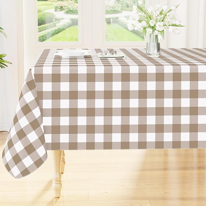 Smiry Rectangle Table Cloth, Waterproof Vinyl Tablecloth with Flannel Backing, Wipeable Buffalo Plaid Table Cover for Dining, Indoor and Outdoor (Khaki & White, 52"x70")