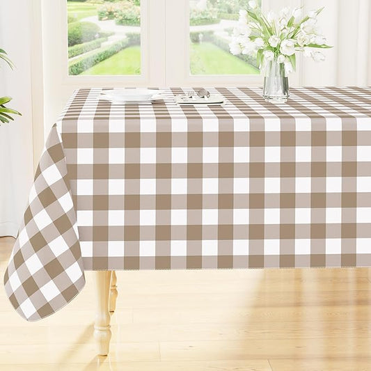 Smiry Rectangle Table Cloth, Waterproof Vinyl Tablecloth with Flannel Backing, Wipeable Buffalo Plaid Table Cover for Dining, Indoor and Outdoor (Khaki & White, 52"x70")