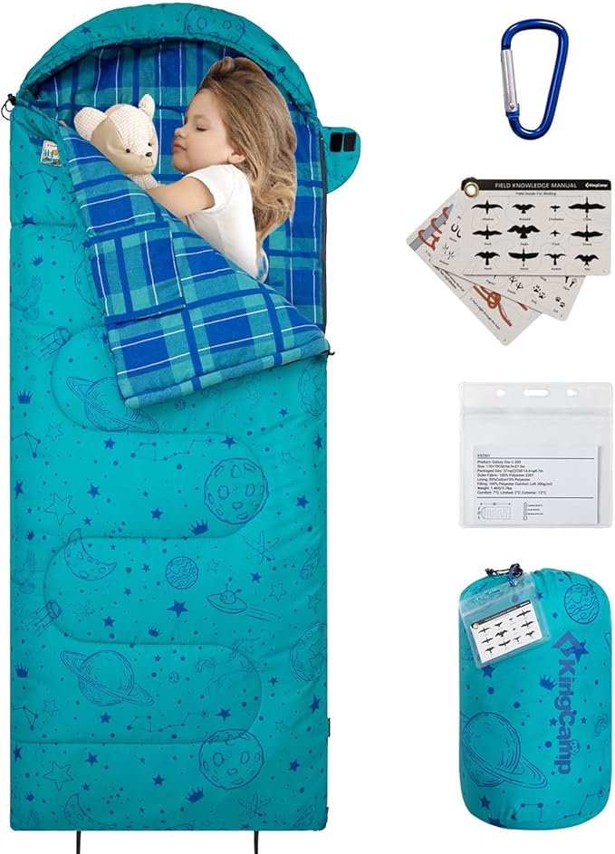 KingCamp 45° F Kids Sleeping Bag, Lightweight Waterproof & Compact Flannel Sleeping Bags Cold Weather & Warm Youth Essentials Gear Accessories for Camping, Fits 10-12 Children up to 5'5" Tall