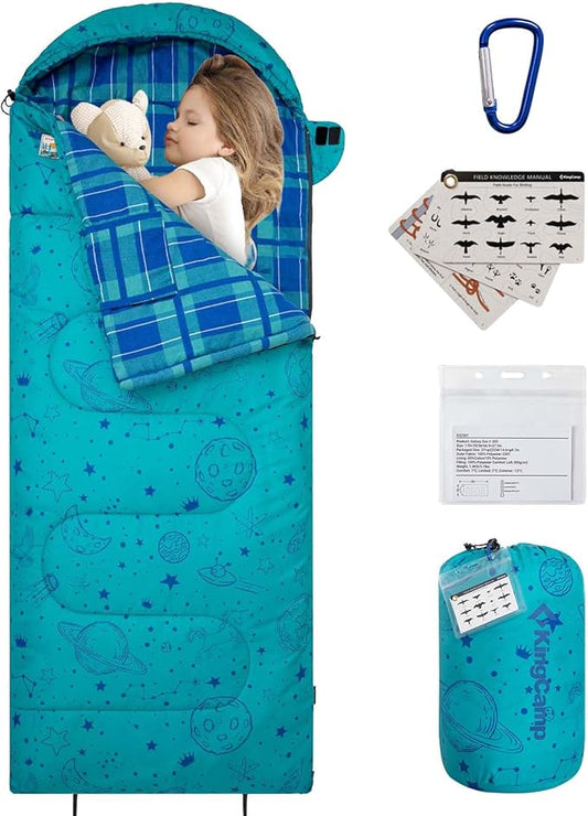 KingCamp 45° F Kids Sleeping Bag, Lightweight Waterproof & Compact Flannel Sleeping Bags Cold Weather & Warm Youth Essentials Gear Accessories for Camping, Fits 10-12 Children up to 5'5" Tall