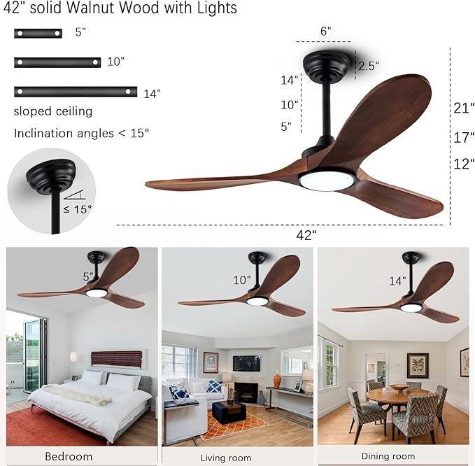 42”Ceiling Fans with Light and Remote Control, Lighted Wooden Ceiling Fan Noiseless Reversible DC Motor with 3 Blades for Farmhouse, Living Room, Office, Indoor Outdoor (Black + Walnut)