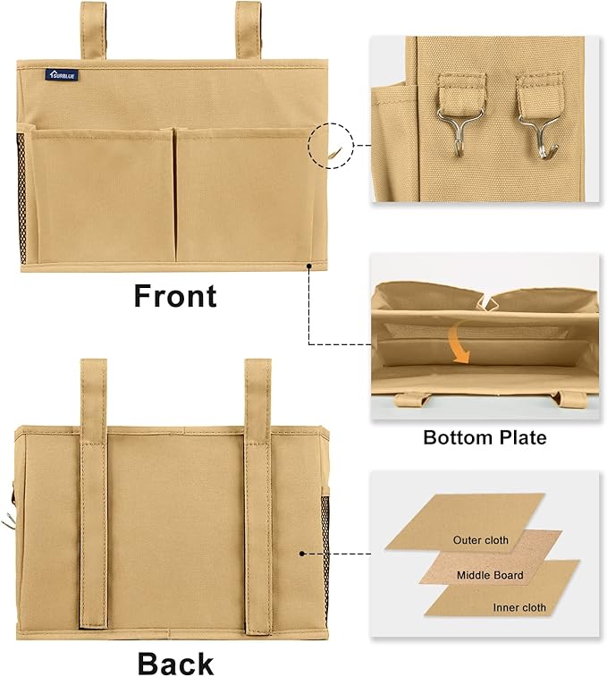 Surblue Bedside Caddy Hanging Organizer Bedside Storage Bag for Bunk and Hospital Beds (Small, Khaki)
