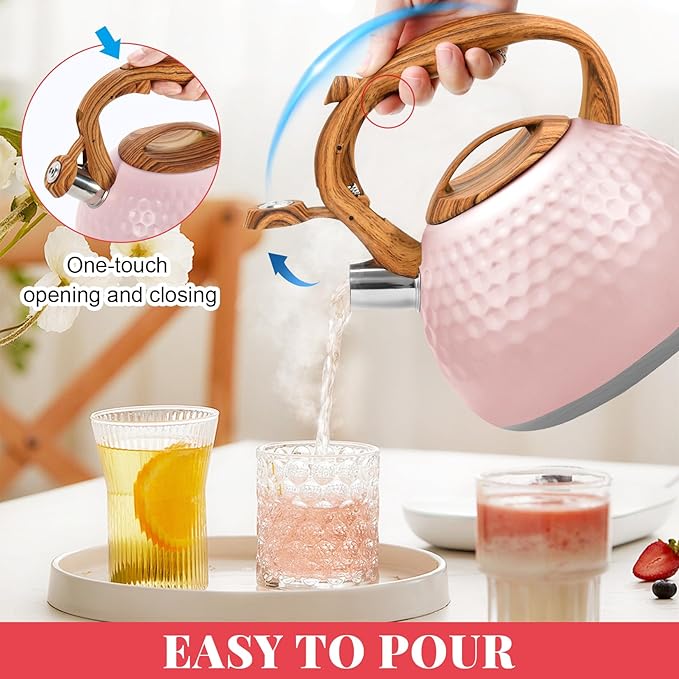 GGC Tea Kettle for Stove Top, Loud Whistling Kettle for Boiling Water Coffee or Milk, 3.1 Quart 3L Heavy Stainless Steel Pink Kettles with Wood Pattern Handle, Unique Button Control Kettle Outle