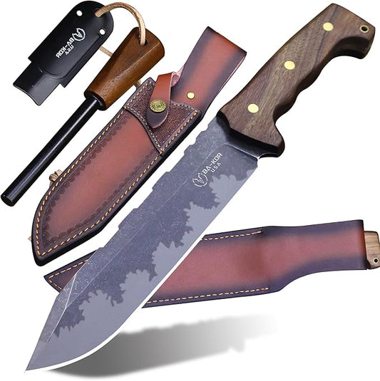 BA-KOR DC53 Steel 38CM (15.2IN) Full Tang 6mm Thick Fixed Knife+Sheath&(5.9IN) Cerium Igniter, Suitable for Outdoor Hunting, Camping, Survival Exploration, EDC