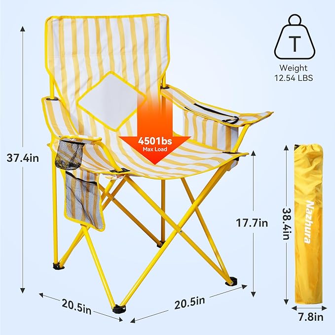 Nazhura 4 Pack Folding Camping Chair with Cooler Pouch, Mesh Backrest and Cup Holder Pocket (Yellow, 4 Pack)