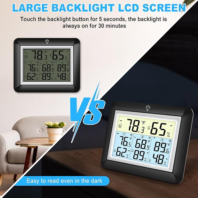 Urageuxy Wireless Indoor/Outdoor Thermometer Hygrometer, Digital Temperature and Humidity Monitor with 328ft Range Remote Sensor for Home, Greenhouse, Bedroom, Kitchen, Refrigerator, Black