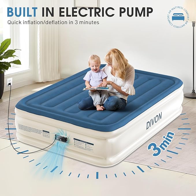 DIVON Air Mattress Full with Built in Pump,18’’Thicken Inflatable Mattress in 3 Mins,Foldable Blow Up Mattress,Portable Full Size Air Mattress for Camping,Travel&Floor,Air Bed for Adults,660lbs