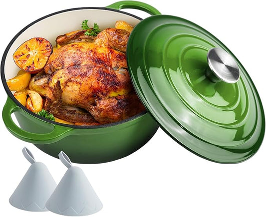 4.5 Quart Dutch Oven Enameled Cast Iron with Lid - Big Dual Handles - Oven Safe up to 500°F - Classic Round Pot for Versatile Cooking Green