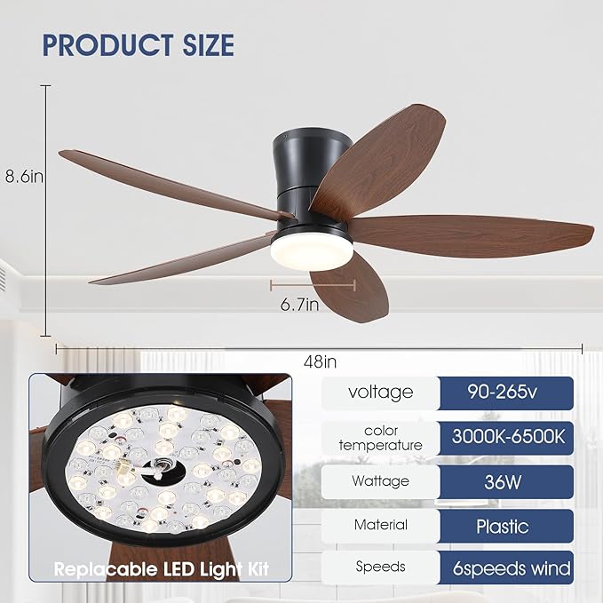 Ceiling Fans with Lights-48 Low Profile Ceiling Fan with Light and Remote/APP Control,Flush Mount,DC Reversible,LED Dimmable Modern Ceiling Fans for Bedroom,Indoor/Outdoor Patio Use(Brown)