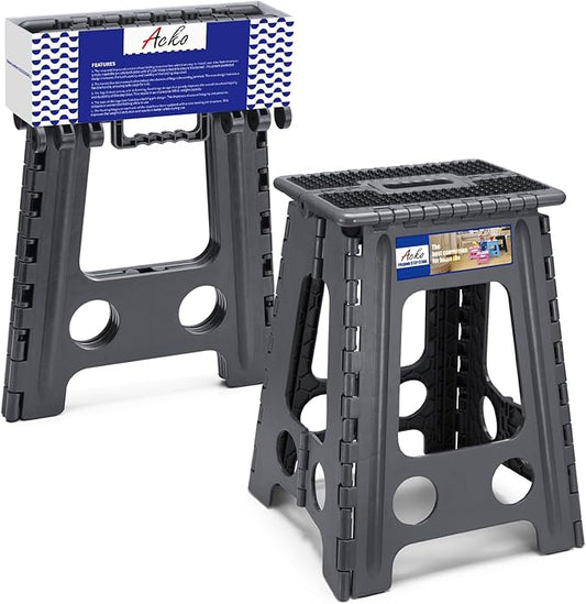 ACKO Folding Step Stool Foldable 17.5 Inch Stools for Adults and Kids,Plastic Stools Tall 400 lbs Capacity, Collapsible Stool for Kitchen, Stepping Foot Stool with Handle, Dot Grey,1 PC