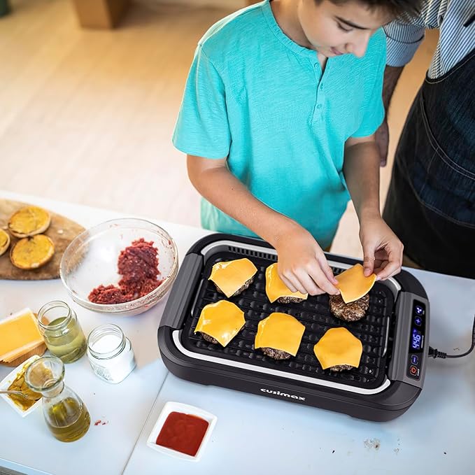 CUSIMAX Smokeless Indoor Grill, 1500W Electric Grill Korean BBQ Grill with LED Smart Display & Tempered Glass Lid, Non-stick Removable Grill Plate, Turbo Smoke Extractor, Black New Model