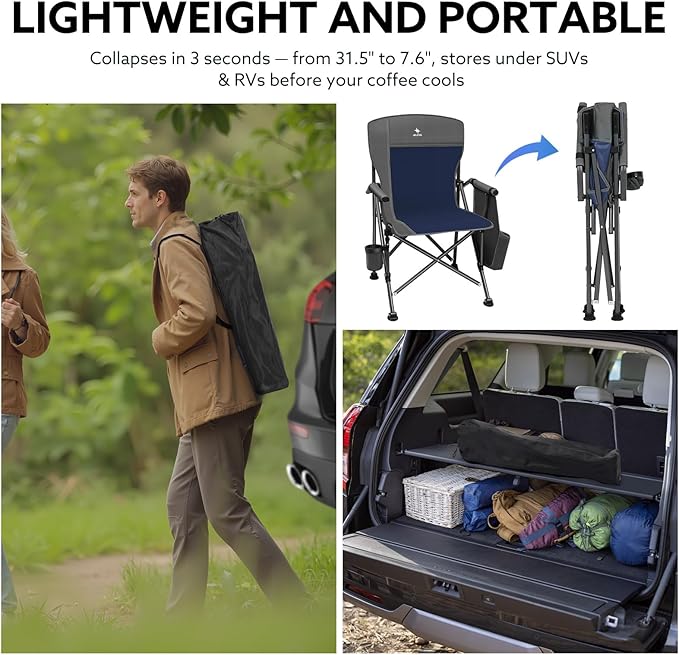 XL Heavy Duty Camping Chair 396lb Capacity (525lb Max) – Waterproof 1680D Oxford Fabric, 2" Padded Seat & Back, Cup Holder, Cooler Pocket, Portable for Camping, Beach & Tailgating (Slate/Navy)