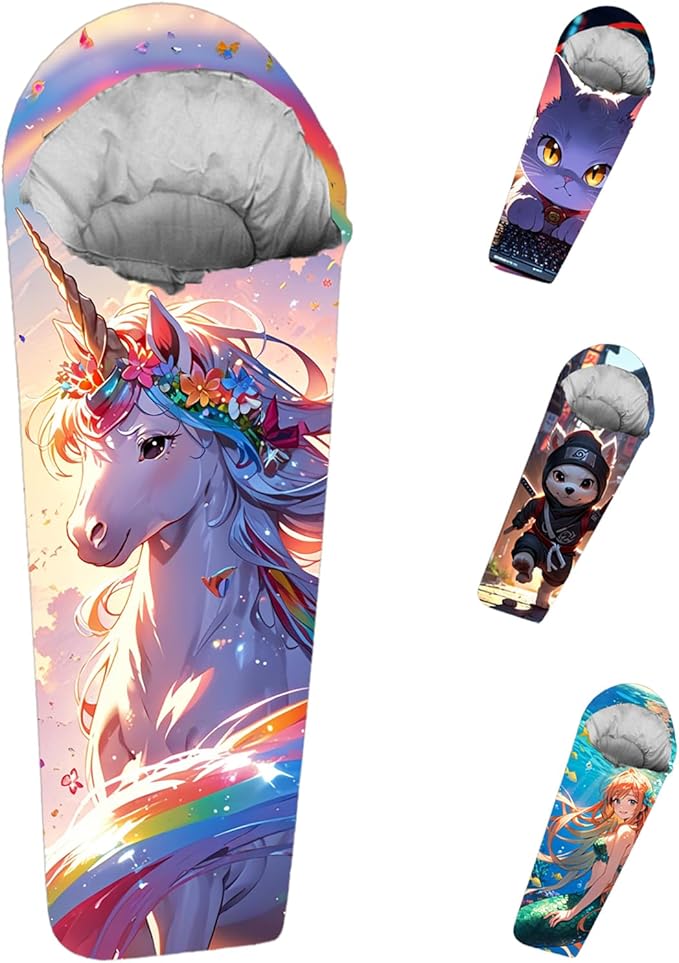 Mummy Style 32 – 59F Kids Sleeping Bag with Pillow Sleeve, Full Scale Digital Printing Unicorn, Mermaid, Kitty or Puppy, Lightweight, Ideal for Camping, Sleepover, Boys, Girls, Youth and Toddlers