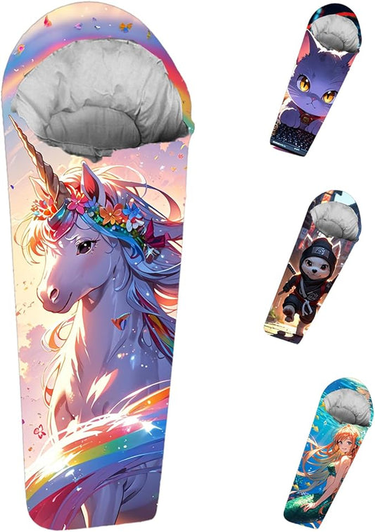 Mummy Style 32 – 59F Kids Sleeping Bag with Pillow Sleeve, Full Scale Digital Printing Unicorn, Mermaid, Kitty or Puppy, Lightweight, Ideal for Camping, Sleepover, Boys, Girls, Youth and Toddlers