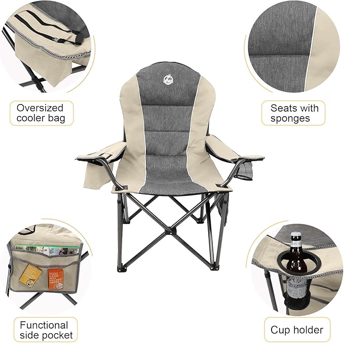 Northroad Oversized Portable Camping Chair, Full Padded Outdoor Folding Chair Support 350 LBS, Heavy Duty Lawn Chair with Cup Holder, Cooler Bag, Lumbar Support, Head Pocket for Adult-Beige
