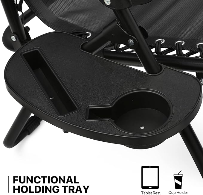 MoNiBloom Table and Patio Chairs Set of 3, Outdoor Adjustable Zero Gravity Folding Breathable Mesh Reclining Lounge Chairs with Pillow and Side Tray, 330lbs Capacity - Black