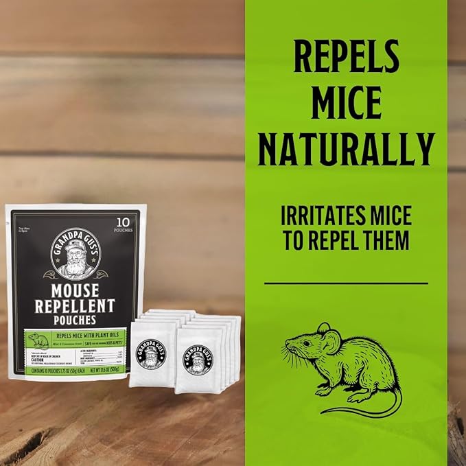 Grandpa Gus's Extra-Strength Mouse Repellent Pouches, Cinnamon/Peppermint Oils Repel Mice from Nesting & Freshen Air in Car/RV/Boat/Garage/Shed/Cabin, 1.75 oz (Pack of 10)