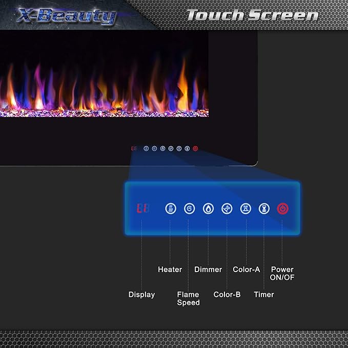42" Fireplace in-Wall Recessed and Wall Mounted 1500W Heater and Linear Fireplace with Timer/Multicolor Flames/Touch Screen (Black)
